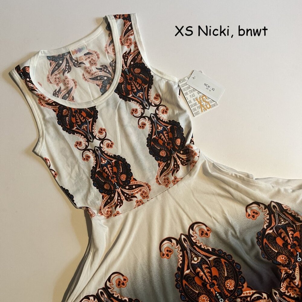 XS Lularoe Nicki dress, white with orange and navy blue paisleys